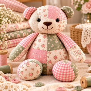 May include: A stuffed teddy bear constructed from patchwork fabric featuring a mix of pink and white gingham checks and floral patterns in shades of pink, white, and sage green. The bear has black button eyes and a stitched brown nose.