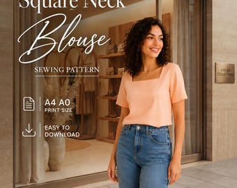 Square Neck Blouse Sewing Pattern PDF | Short Sleeve Top Pattern | Women Simple Shirt Digital Pattern | Printable A4 A0 Letter