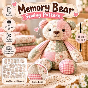 Patchwork Memory Bear Sewing Pattern PDF, Keepsake Teddy Bear Pattern for Baby Clothes or Shirt, Memorial Stuffed Animal Pattern & Tutorial