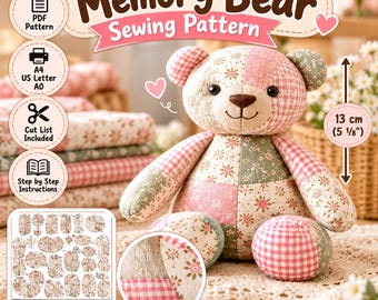 Patchwork Memory Bear Sewing Pattern PDF, Keepsake Teddy Bear Pattern for Baby Clothes or Shirt, Memorial Stuffed Animal Pattern & Tutorial