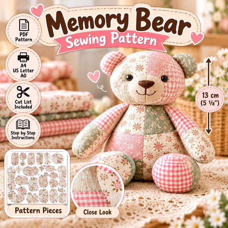 May include: A Memory Bear sewing pattern featuring a patchwork teddy bear made of pink and green floral and gingham fabric. The image includes text, icons for PDF and A4 formats, a cut list, instructions, and a 13 cm height indicator.