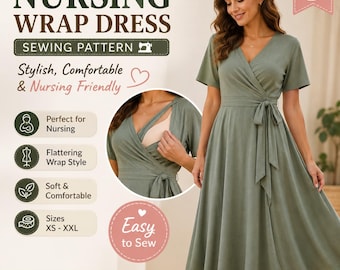 Nursing Friendly Wrap Dress Sewing Pattern For Mothers | Women’s Knit Dress PDF Pattern | Surplice Bodice & Flared Skirt | Breast Feeding