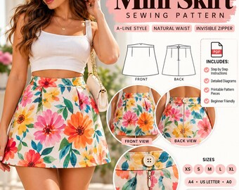 Mini Skirt Sewing Pattern PDF | High Waisted A Line Skirt with Invisible Zipper & Button Waist | Beginner Sewing Pattern, Instant Download