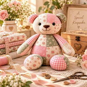 May include: A stuffed teddy bear made from patchwork fabric featuring various floral and gingham patterns in shades of pink, sage green, and white. The bear has round black eyes, a stitched nose and mouth, and a soft, rounded body shape.