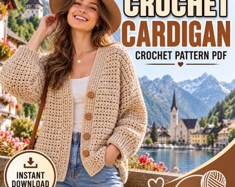 Crochet Cardigan Pattern PDF | Easy Beginner V-Neck Mesh Cardigan Sweater | Boho Chunky Button Up Jacket with Balloon Sleeve | (Sizes S-XL)