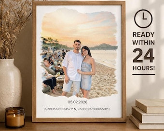 Personalized Photo Print with Date & Location | Custom Memory Gift | Watercolor Style Digital Download