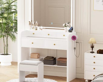 White Makeup Vanity Desk with LED Mirror, 5 Drawers, Storage Stool, Modern Dressing Table