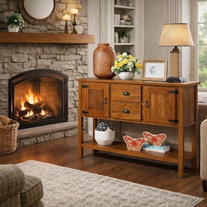 May include: A wooden console table with two doors and two drawers, adorned with black hardware. A lamp with a woven base and a lampshade sits on top, along with a framed picture and a vase of flowers. Decorative butterflies and a vase are on the lower shelf.