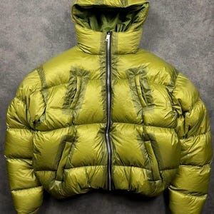 Könnte beinhalten: Eine lindgrüne Daunenjacke mit hohem Kragen und angesetzter Kapuze. Die Jacke verfügt über einen durchgehenden silbernen Reißverschluss, horizontale Steppnähte und lange Ärmel mit verstellbaren Bündchen. Der Stoff hat einen leichten Glanz.