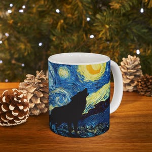 Taza de café de cerámica de 325 ml inspirada en Van Gogh - Silueta aullante - Regalo artístico - Decoración de naturaleza celestial