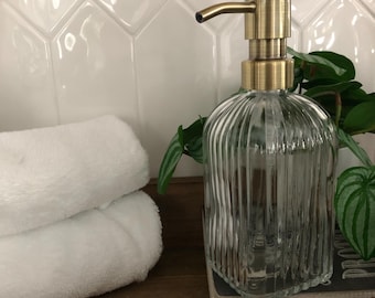 Winslow Glass Soap Dispenser – 12oz / 350ml Ribbed Fluted Square Bottle with Stainless Steel Pump