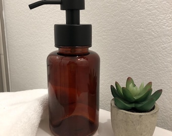 Hollis Amber Glass Foaming Soap Dispenser | Black Stainless Steel Pump, Apothecary Decor
