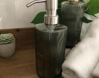 Winslow Fluted Green Glass Soap Dispenser – Ribbed Parisian Style,  Modern Bathroom Decor
