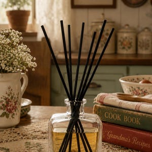 May include: A clear, square glass reed diffuser bottle filled with a light yellow liquid, featuring several thin, straight black reeds extending upward from the narrow neck of the bottle, creating a simple and functional home fragrance accessory.