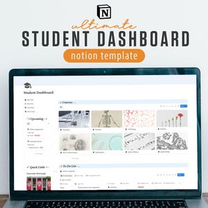 Può includere: Uno schermo di un portatile che mostra un modello digitale di dashboard per studenti Notion. L'interfaccia presenta sezioni per corsi, attività imminenti e una lista di cose da fare. Il testo in alto recita Ultimate Student Dashboard notion template.