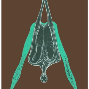 Könnte beinhalten: Abstrakte Illustration einer Figur in einer Yoga-Pose, dargestellt in Weiß und Blaugrün vor einem braunen Hintergrund. Die Beine der Figur sind ausgestreckt und die Arme erhoben, mit komplizierten Linien, die den Körper detaillieren.