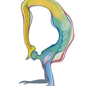 Könnte beinhalten: Eine farbenfrohe Illustration einer Person, die eine Yoga-Pose, die Aufwärtsbogenhaltung, mit einem gelben, grünen und blauen Farbschema ausführt. Die Pose ist stilisiert und abstrakt dargestellt, wobei der Körper der Person eine kreisförmige Form bildet.
