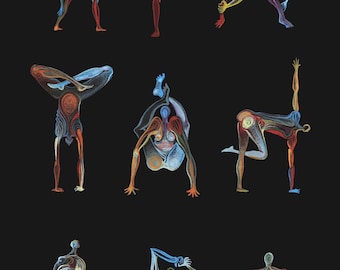 May include: A digital illustration of nine people in various yoga poses. Each person is outlined in black and filled with different colors, creating a colorful and abstract design. The background is black.