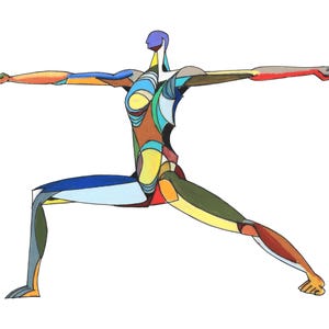 Könnte beinhalten: Abstrakte Illustration einer Person in einer Yoga-Pose mit einem farbenfrohen geometrischen Design. Die Person befindet sich in einer Krieger-Pose mit einem Bein nach vorne und einem Bein nach hinten. Die Illustration ist in verschiedenen Farben gehalten, darunter Blau, Grün, Gelb, Orange und Rot.