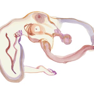Könnte beinhalten: Aquarell-Illustration einer Figur in Beige-, Braun- und Lilatönen. Das Kunstwerk zeigt eine stilisierte menschliche Form in einer geschwungenen Pose mit länglichen Gliedmaßen und minimalistischer Ästhetik auf weißem Hintergrund.