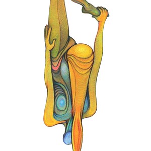 Könnte beinhalten: Eine farbenfrohe abstrakte Illustration einer Person in einer Yoga-Pose, mit gebeugten Beinen und einem Körper, der in einer komplexen Form verdreht ist. Die Figur ist in Gelb-, Orange-, Grün- und Blautönen gezeichnet.