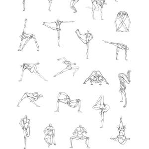 Könnte beinhalten: Schwarz-Weiß-Illustration mit verschiedenen Yoga-Posen. Die Posen sind in einem skelettartigen Stil dargestellt, wobei jede Figur schwarz umrandet ist. Die Signatur des Künstlers, "YOLYANKO", ist unten rechts sichtbar.