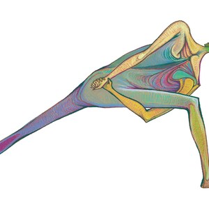 Könnte beinhalten: Eine farbige Linienzeichnung einer Person in einer Yoga-Pose. Die Person befindet sich in einer Vorwärtsbeuge mit dem rechten Bein nach vorne gestreckt und dem linken Bein nach hinten gebeugt. Die Zeichnung ist in Blautönen, Grün, Gelb und Rosa gehalten.
