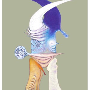 Könnte beinhalten: Abstrakte Malerei mit einem Farbschema aus Weiß, Blau, Lila und Orange. Das Gemälde zeigt eine Reihe von geschwungenen Linien und Formen, die ein Gefühl von Bewegung und Energie erzeugen. Die Unterschrift des Künstlers "Yolyanko" ist in der rechten unteren Ecke sichtbar.
