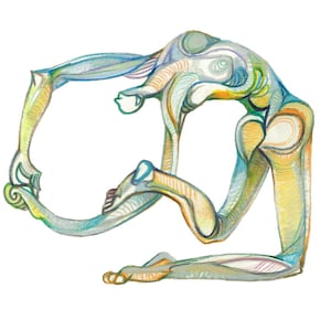 Könnte beinhalten: Eine farbenfrohe abstrakte Zeichnung einer Person in einer Yoga-Pose. Die Figur ist mit Linien und Wirbeln in Blautönen, Grün, Gelb und Orange gezeichnet.