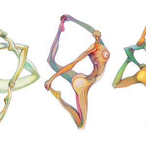May include: Three stylised figures in various yoga poses, drawn in colourful pencil on white paper. The figures are contorted into complex shapes, with their limbs intertwined and their bodies stretched and bent. The artwork is a vibrant and dynamic depiction of the human form.