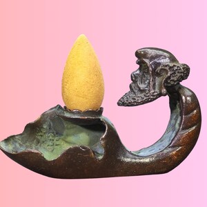 Bronze Dharma Head Backflow Incense Burner - Lotus Leaf, Wabi-Sabi Antique Patina, Zen Meditation Decor