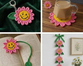 Crochet Smiley Daisy Pattern PDF | Amigurumi Flower Bundle Keychain, Coaster, Bookmark & Garland | Cute Kawaii DIY Gift