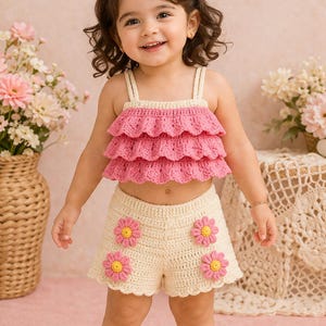 Op de afbeelding: Een gehaakte outfit voor een peuter, bestaande uit een roze top met ruches en crèmekleurige shorts versierd met roze en gele bloemenapplicaties. De handgemaakte outfit is ideaal voor de zomer. Een bijpassend haaraccessoire maakt de look compleet.