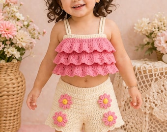 Gehaakte baby zomer outfit patroon pdf, ruches top madeliefje shorts set, pasgeboren peuterkleding, outfit babymeisje, cadeau, patroon beginner