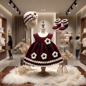 May include: A burgundy crochet dress with white flower accents, a matching hat, and booties. The dress is displayed on a mannequin, with the hat on a separate stand. The booties are on a clear display stand.