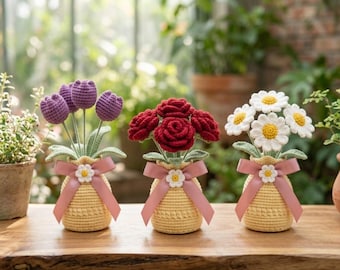 Handmade Crochet Tulips Roses & Daisies in Pot, Mini Crochet Flower Bouquet, Forever Bloom Floral Decor, Cute Gift for Her, Instant Download