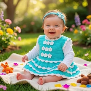 May include: A turquoise crocheted dress with white scalloped trim and white flower embellishments, paired with a matching turquoise crocheted headband featuring a white flower, worn over a long-sleeved white shirt.