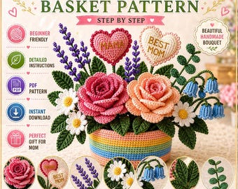 Crochet Flower Basket Pattern PDF, Realistic Roses Daisies Lavender with Hearts, DIY Gift, Mother’s Day Gift, DIY Spring Flowers Home Decor