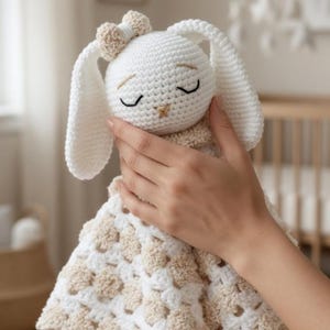 May include: A cream and beige crochet bunny comforter. The bunny has long ears, closed eyes, and a small bow. The blanket section has a granny square pattern. A soft, cuddly baby item, perfect for comfort.