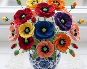 Poppy Flower Crochet Pattern PDF | Crochet Flower Bouquet Pattern | Memorial Day Poppy | Home Decor Floral Plant | DIY Garden Gift Set DIY