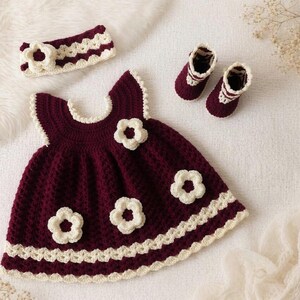 May include: A handmade crochet baby set in burgundy and cream. The set includes a dress with flower appliques, a matching headband, and booties. The dress and booties have a cream-colored trim.