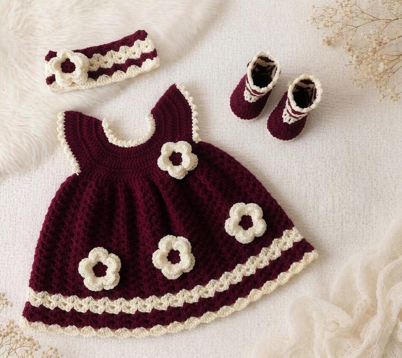 May include: A handmade crochet baby set in burgundy and cream. The set includes a dress with flower appliques, a matching headband, and booties. The dress and booties have a cream-colored trim.
