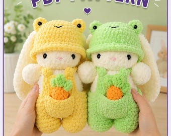 Cute Bunny Crochet Pattern PDF | Amigurumi Plush Rabbit with Outfit, Bucket Hat & Overalls | Cute Kawaii Bunny Toy Pattern