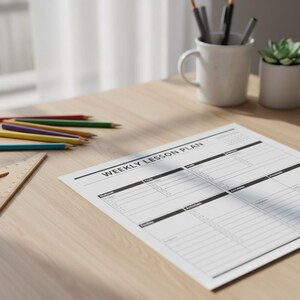 Peut inclure: Une feuille blanche avec le titre "WEEKLY LESSON PLAN" est posée sur une surface en bois clair, avec des sections pour les matières, les activités et les évaluations. Des crayons de couleur et une règle en bois sont à gauche. Une tasse blanche avec des crayons et une petite plante succulente sont en arrière-plan.