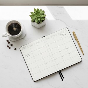 May include: An open black planner with a monthly calendar layout, a gold pen, and a cup of coffee on a white marble surface. A small succulent in a white geometric pot and coffee beans are also present. The planner has a black ribbon bookmark.