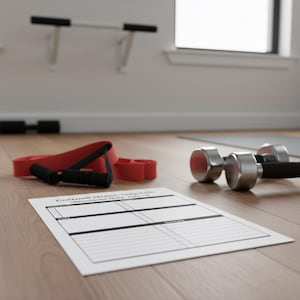 Puede incluir: Imagen de temática fitness con una banda de resistencia roja con asas negras, dos mancuernas y una plantilla de notas Cornell sobre un suelo de madera. Las mancuernas tienen pesas plateadas y asas negras.