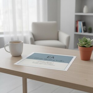 May include: A light-coloured wooden desk with a white mug, a succulent in a terracotta pot, and a document titled "EA Offsite Planning Toolkit." The document has a blue and white design and includes text about design styles and a printable PDF.