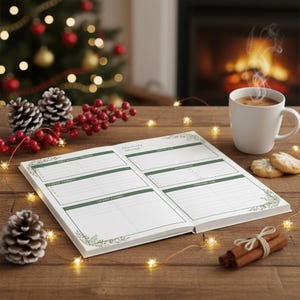 Puede incluir: Un diario abierto con detalles verdes y el texto "Recovery Journal" está sobre una mesa de madera. Una taza blanca de café, galletas y palitos de canela están cerca. Un árbol de Navidad y una chimenea están en el fondo.