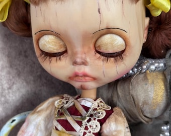 OOAK Blythe Doll Elsie, Custom Artist Doll, Hand Painted Distressed Vintage Blythe