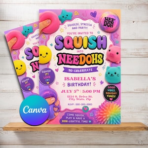 Peut inclure: Un flyer d'invitation d'anniversaire rectangulaire avec des jouets squishy colorés, dont une sphère rose, un visage souriant jaune, un cochon, un chat et une balle à picots arc-en-ciel. Le texte indique SQUISH INTO NEEDOHS, ISABELLA'S BIRTHDAY, JULY 5TH.